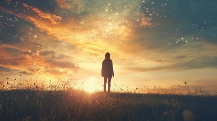 Silhouette of woman standing in field looking up at sunset and bright sky.