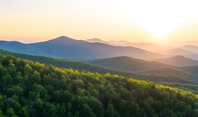 A tranquil mountain landscape with a soft golden sunset casting a warm glow over the trees and rolling hills. Generative AI