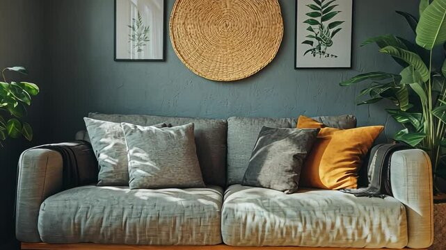 Cozy Grey Living Room: A stylish living room boasts a plush grey sofa with a warm throw, invitingly accented with a variety of cushions and throws in complementary tones.