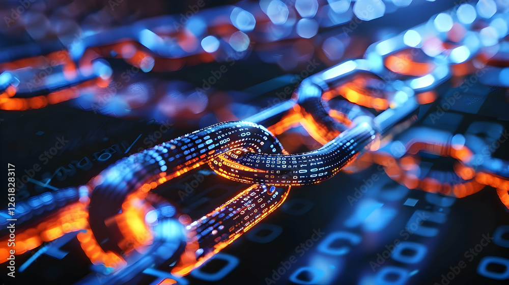 Poster close-up of a glowing digital chain link symbolizing blockchain technology's security