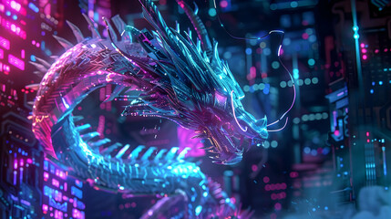 Futuristic digital dragon soaring through a neon cityscape with glowing circuits