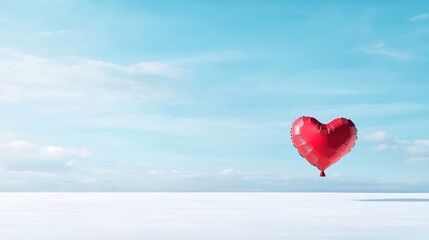 A heart-shaped balloon floating alone in an endless blue sky, symbolizing the power of love and connection, evoking emotions through its simplicity and elegance.