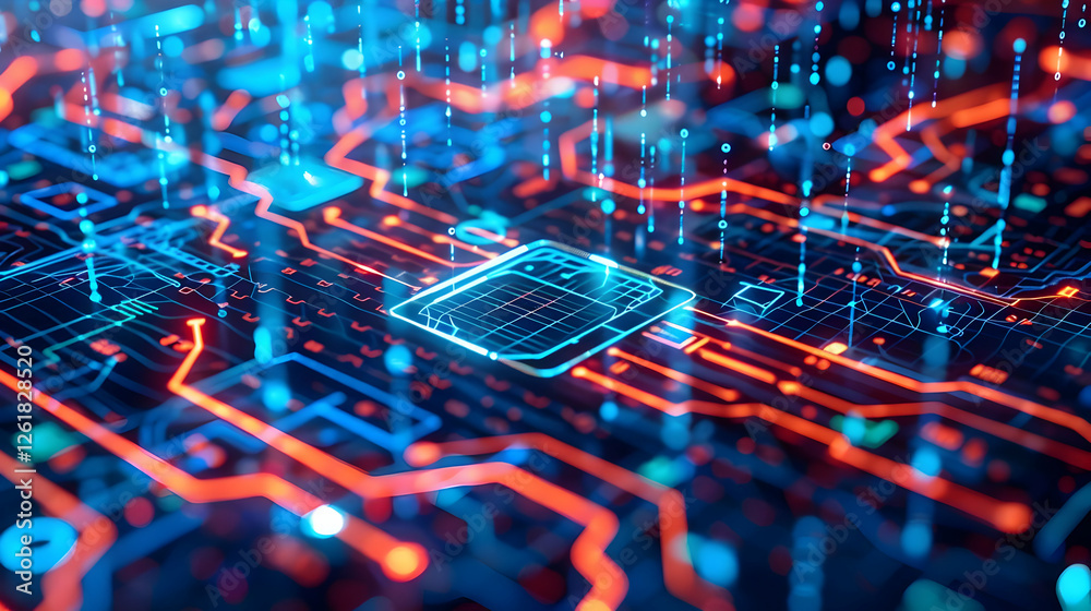 Poster abstract representation of a glowing circuit board with digital data streams