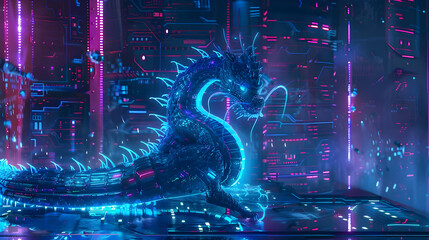 Fototapeta premium Futuristic dragon surrounded by neon lights in a cybernetic cityscape