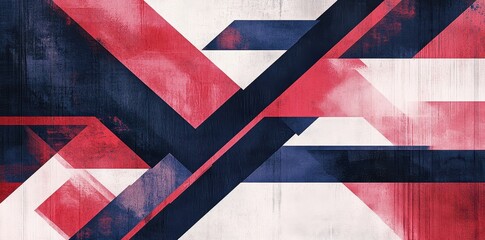 Abstract painting showcasing intersecting red white and blue geometric shapes