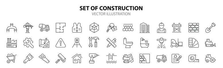 Construction set of web icons in line style. Building and construction icons for web and mobile app. Home repair, crane, building, tools, land, excavator, contractor, builders. Vector illustration