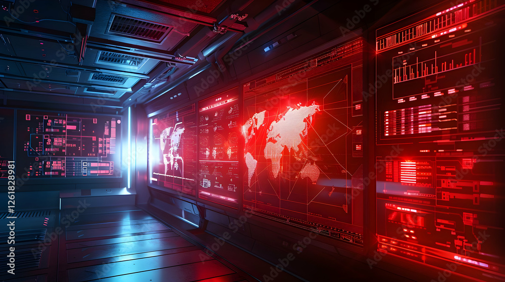 Poster futuristic control room with glowing red screens displaying global data analysis