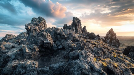 Volcanic Rock Formations Sunset Landscape