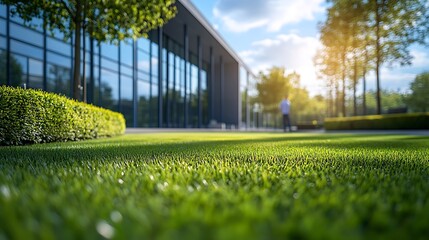 A hardworking landscaper carefully tending to a beautifully maintained corporate park lawn, freshly cut grass creating a uniform pattern, a sleek,