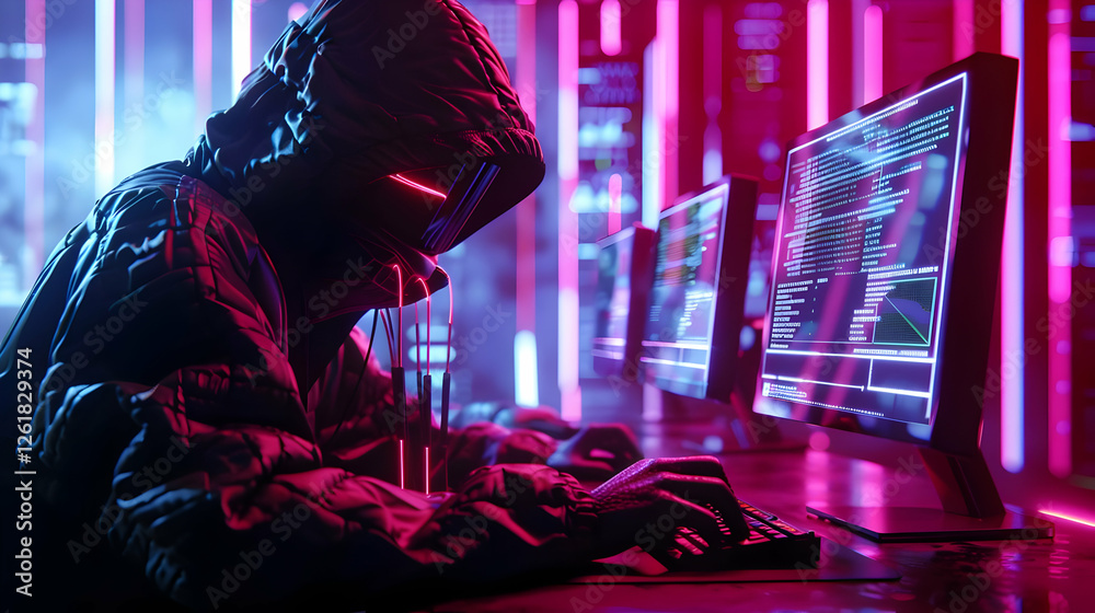 Poster mysterious figure in a hooded jacket working on multiple glowing computer screens