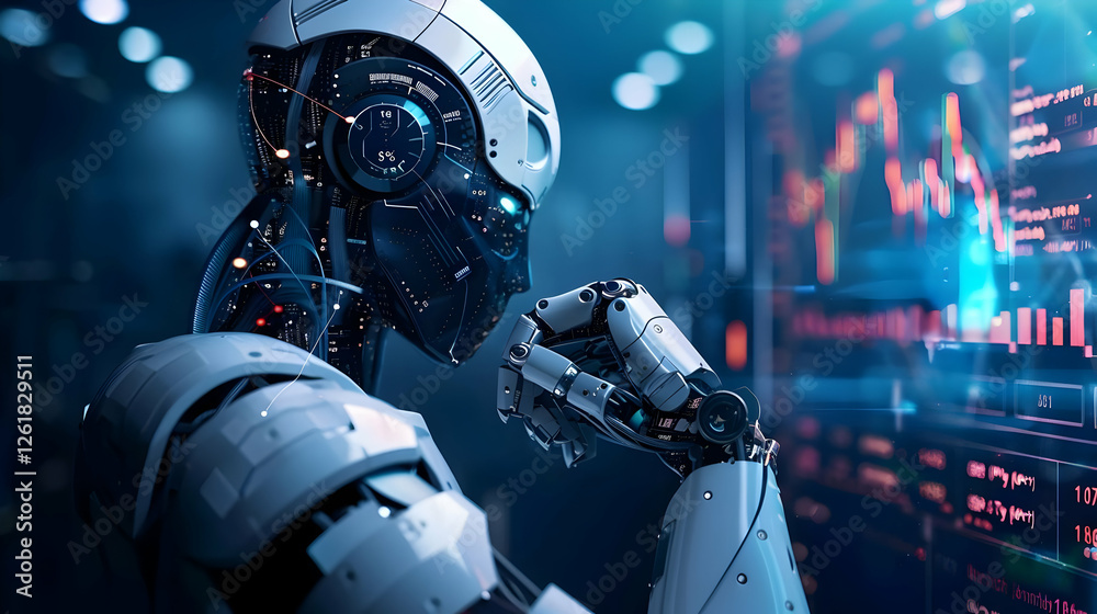 Poster robot analyzing data on a digital screen in a high-tech environment