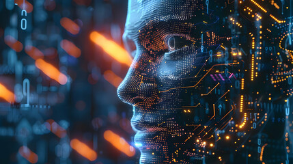 Futuristic humanoid face composed of digital circuits and glowing elements