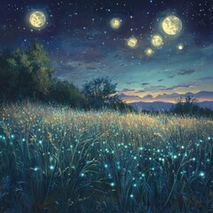 Celestial Night Sky Cosmic Meadow Digital Artwork Dreamlike Environment Wide Shimmering Colors