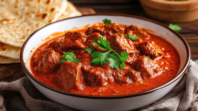 A spicy lamb vindaloo curry served with naan bread, garnished with fresh cilantro, showcasing vibrant colors and a hearty texture.