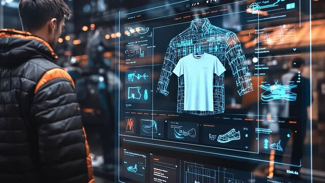 Interactive Shopping Experience: A man browses a digital display showcasing a virtual garment, embracing the future of retail with immersive technology and interactive shopping.