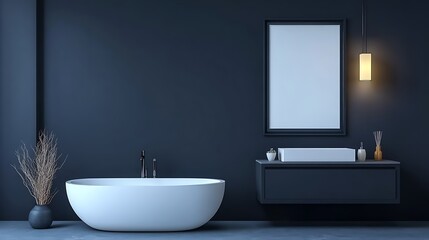 Modern Freestanding Tub in a Dark-Walled Bathroom: 3D Render AI Generated