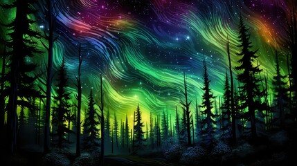 Naklejka premium borealis northern lights trees