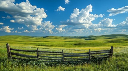 Fototapeta premium Rustic Wooden Fence Across Rolling Green Hills Under Blue Sky