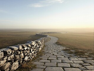Fototapeta premium Dry stone wall with a meandering path leading to the horizon, outdoors, terrain, dry stone wall