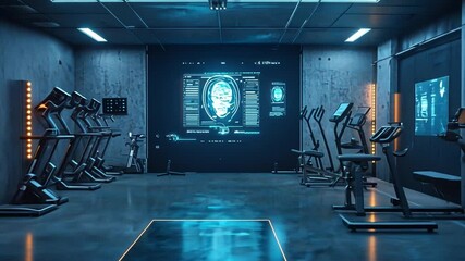 Futuristic Fitness Hub:  A sleek, high-tech gym interior with a futuristic design. Futuristic treadmills with digital interfaces are aligned along a sleek concrete wall. - Powered by Adobe