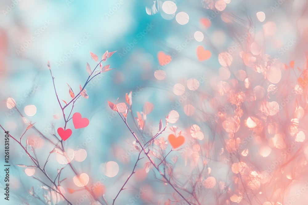 Poster pastel pink and blue spring branches with heart shapes and bokeh lights