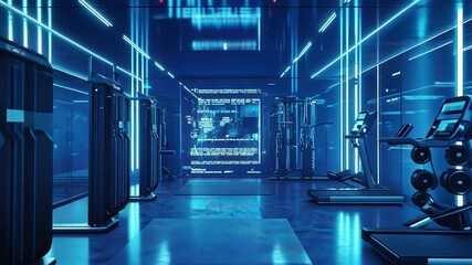 Futuristic Fitness Center: Step into a technologically advanced fitness center bathed in cool blue neon lights. Sleek, modern workout equipment lines the walls.