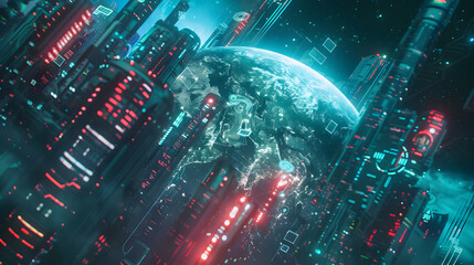 Fototapeta premium Futuristic Cityscape with Earth in Background, Neon Lights and Technology