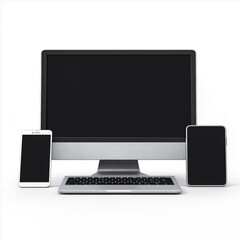 Fototapeta premium desktop computer, a laptop, and a smartphone all with blank screens. low angle view. The desktop computer is in the center of the image 
