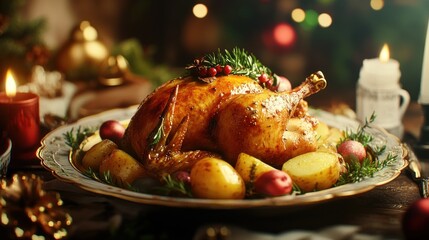 Roasted chicken Christmas dinner, festive table setting