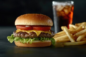 Classic cheeseburger with lettuce, tomato, and melted cheddar served with crispy fries and a cold drink. Ideal for restaurant ads, fast food promotions, and menus