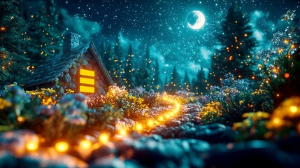 Naklejka premium Enchanted Forest Cottage at Night: A Dreamlike Landscape of Stars, Moon, and Glowing Flora