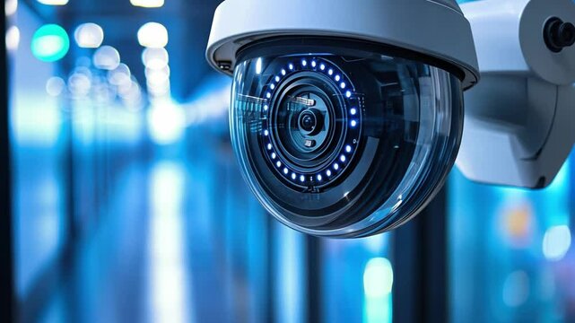 Security Camera Close-Up: A high-definition security camera with a sophisticated lens and multiple LEDs captures the details of its surroundings, offering a sense of protection and vigilance.  