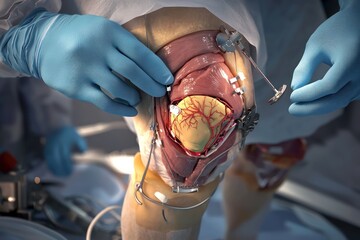 Detailed visualization of knee joint replacement in a 3D medical concept.