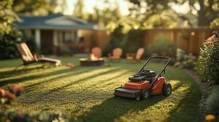Obraz premium A peaceful suburban backyard receiving a final mow before a family picnic, a landscaper maneuvering a commercial mower, fresh stripes appearing in the grass,