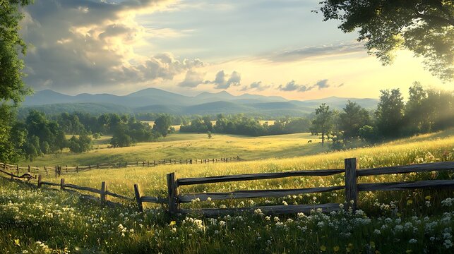 A peaceful rural scene with a landscaper mowing a large meadow, a weathered wooden fence bordering the field, rolling hills bathed in golden morning light, soft clouds drifting in the sky,