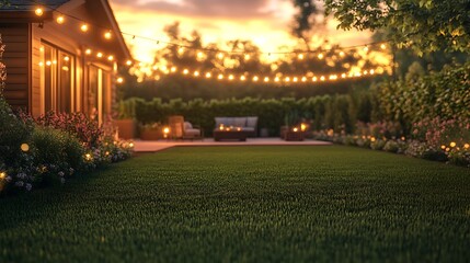 Obraz premium A picturesque suburban backyard being mowed by a professional, a cozy patio setup with string lights glowing in the background, well-trimmed hedges adding symmetry,