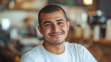 Fototapeta premium Arabic man with short hair, wearing a t-shirt, looking at the camera and smiling in a coffee shop, generative AI