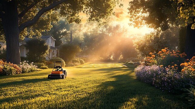 A professional gardener skillfully using a high-end mower to create intricate patterns on a pristine lawn, geometric precision evident in the perfectly cut grass,