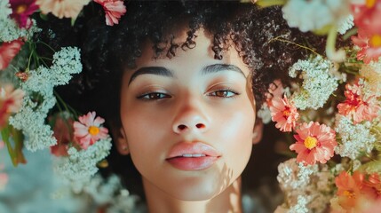 Woman with curly hair lying in flowers. Natural beauty, springtime and wellness concept.