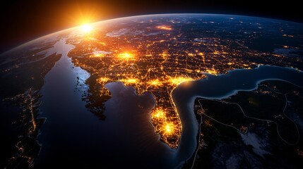 Night Time Digital Map Of Florida With Glowing City Lights On Earth
