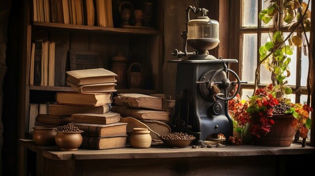 helf books with coffee