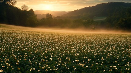 Obraz premium Sunrise over a misty field of blooming white wildflowers