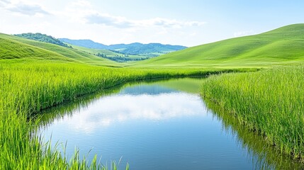 Obraz premium Serene mountain valley stream, lush green meadows, sunny day, nature background, ideal for travel brochures