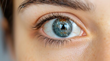 Obraz premium A close-up of an eye with a digital circuit pattern reflected in the iris, symbolizing technology and vision.