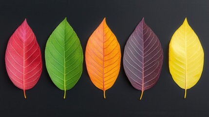 A vibrant arrangement of five leaves in various colors, showcasing a gradient from red to yellow against a dark background.