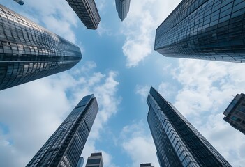 Looking directly up at the skyline of the financial district in central London - stock image