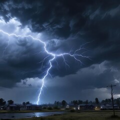 Electric blue lightning bolt in the sky during a thunderstorm, electrical discharge, thunderstorm, stormy sky