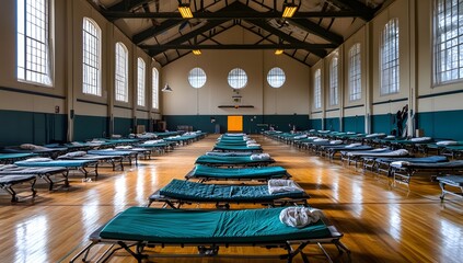 Empty Shelter Beds in Gym, Rows of Cots, Interior, Possible Use Social Issue