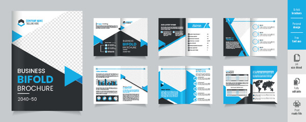 Company profile brochure design showcasing various sections and graphics in modern layout, Modern bifold brochure template for your business