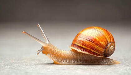 A close-up of a snail showcasing its spiraled shell and slimy body, highlighting its delicate features and slow movement.